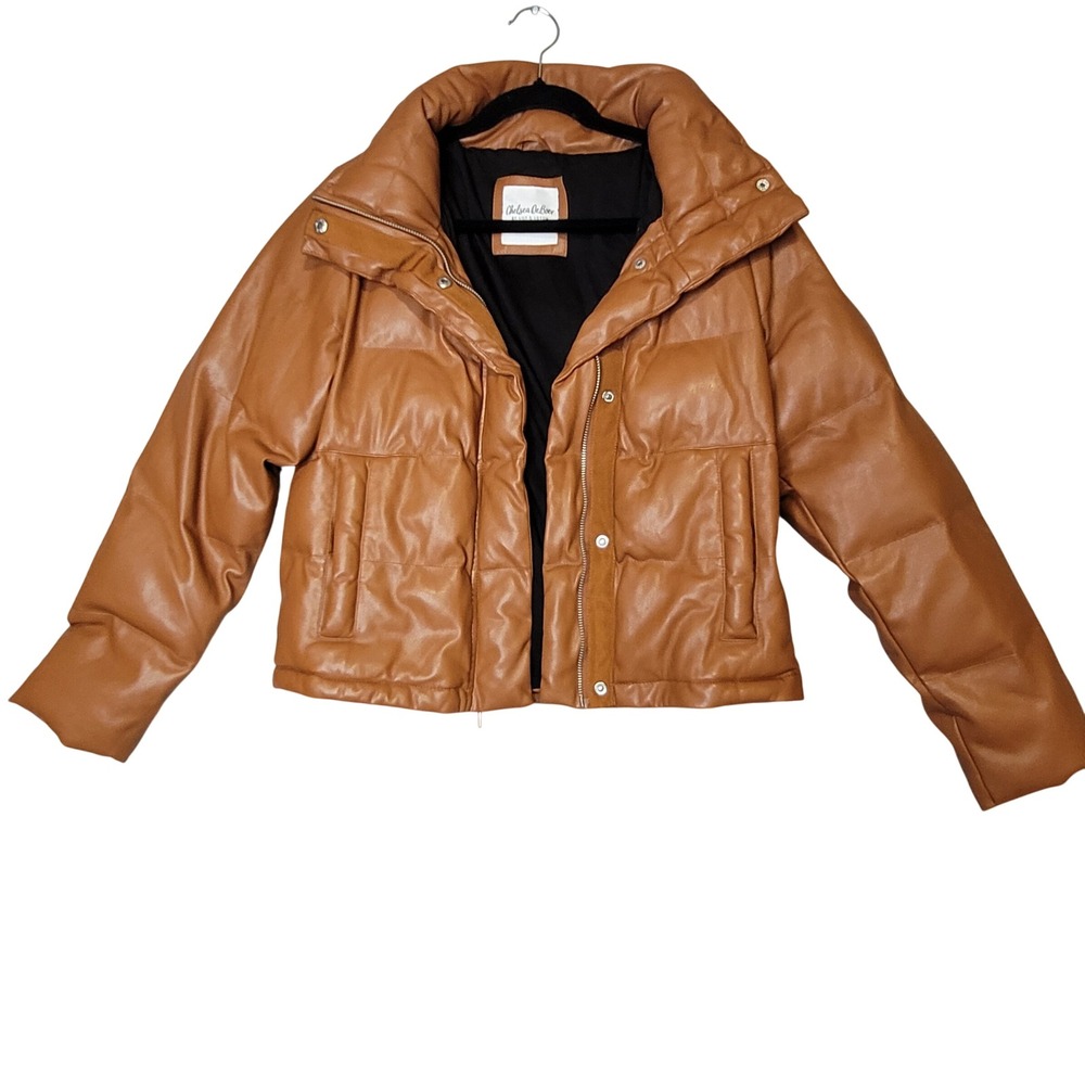 Chelsea DeBoer Lily and Lottie Vegan Faux Leather Puffer Jacket Cognac Brown S